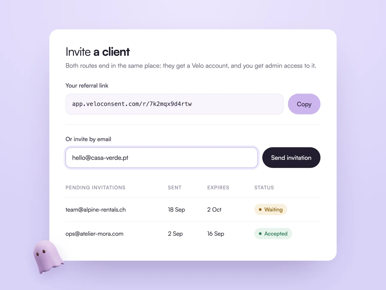 The Invite a client screen: a referral link with a copy button, an email invitation field, and pending invitations with their status.
