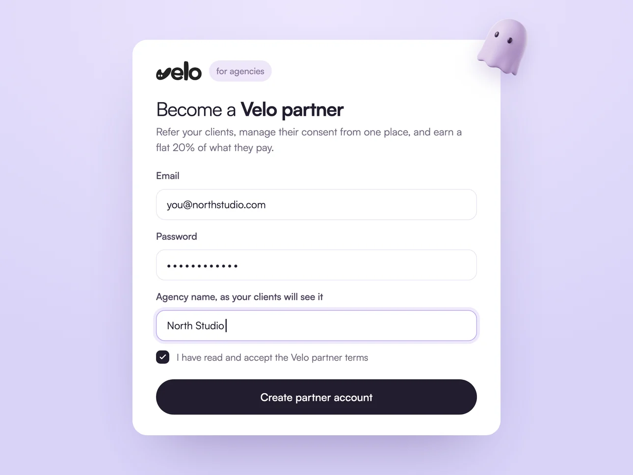 The partner sign up form: email, password, the agency name clients will see, and a box to accept the partner terms.