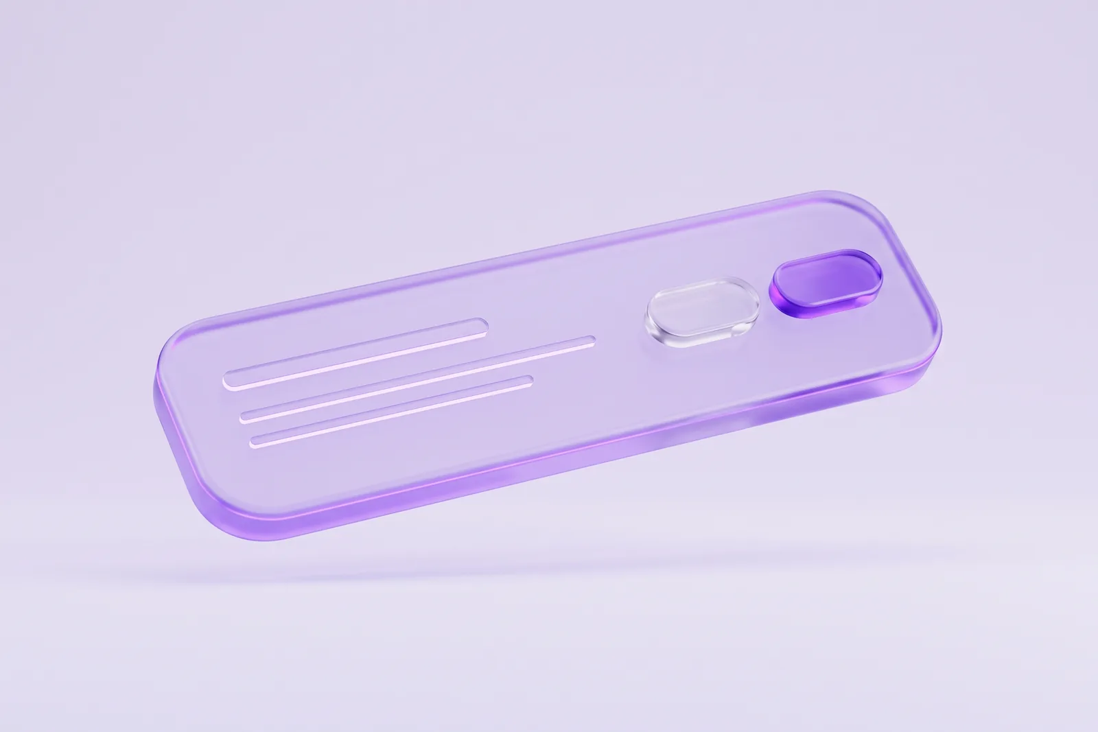 Une bannière de consentement en verre dépoli lavande avec deux boutons de verre, dont un qui brille en violet, sur un fond de studio lavande pâle.