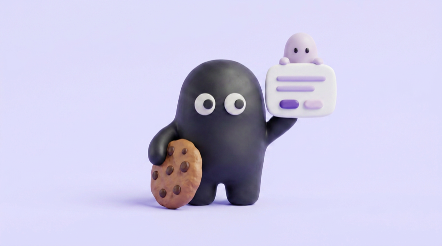 La mascota de Velo presenta una tarjeta de banner de consentimiento y una cookie gigante