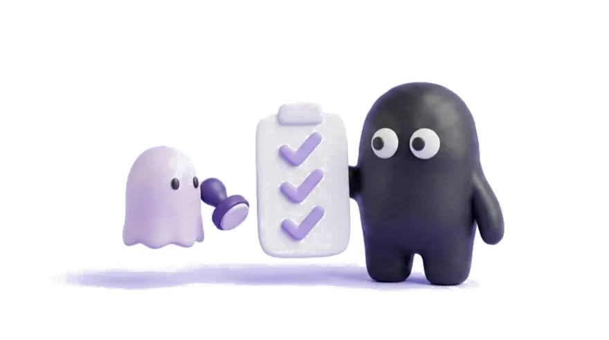 The Velo mascot holds up a checklist while a ghost stamps it approved