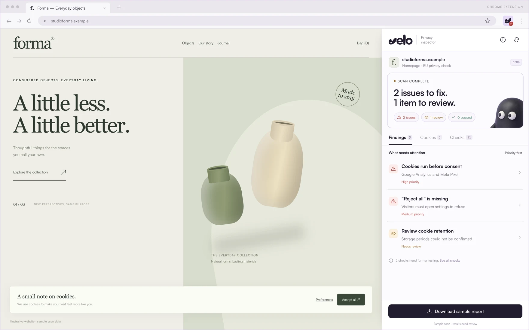 Uma loja online no Chrome com o inspetor de privacidade do Velo aberto no painel lateral, mostrando dois problemas e um item para revisar