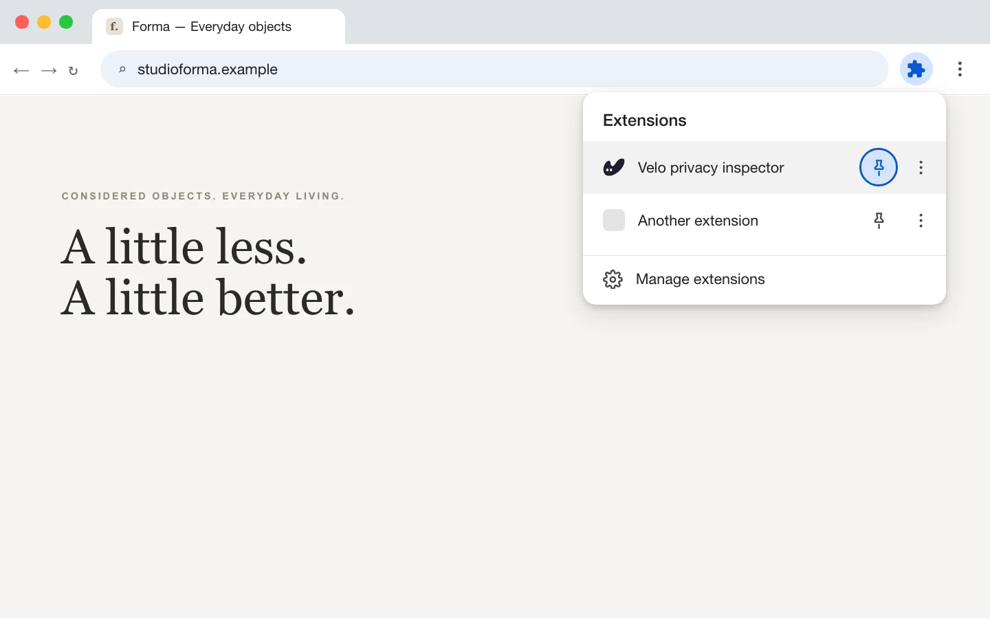 O menu Extensões do Chrome com o alfinete ao lado de Velo privacy inspector em destaque