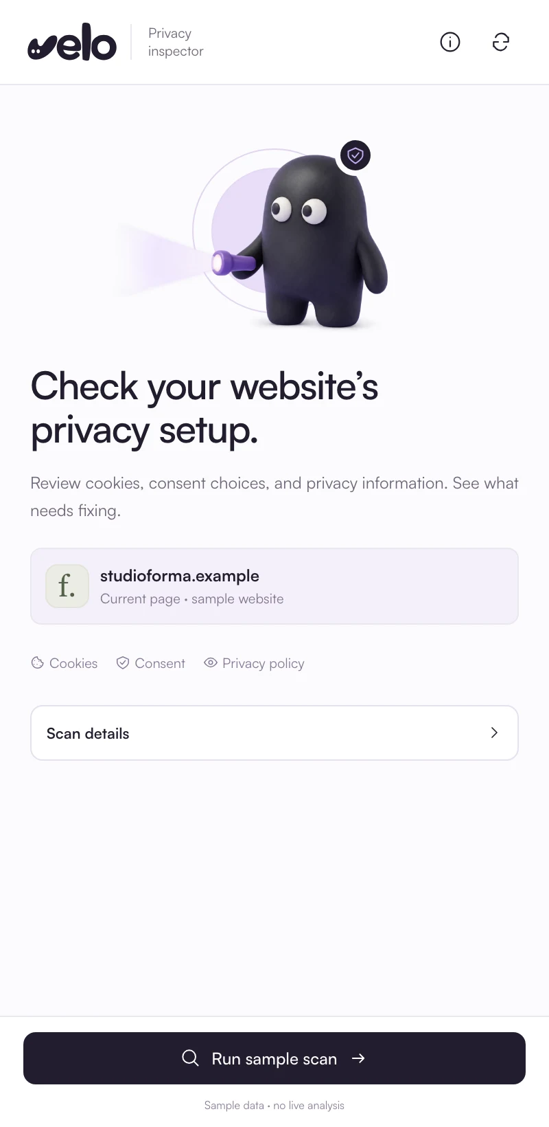 A primeira tela do inspetor: o mascote do Velo com uma lanterna, o site atual e um botão para iniciar a análise