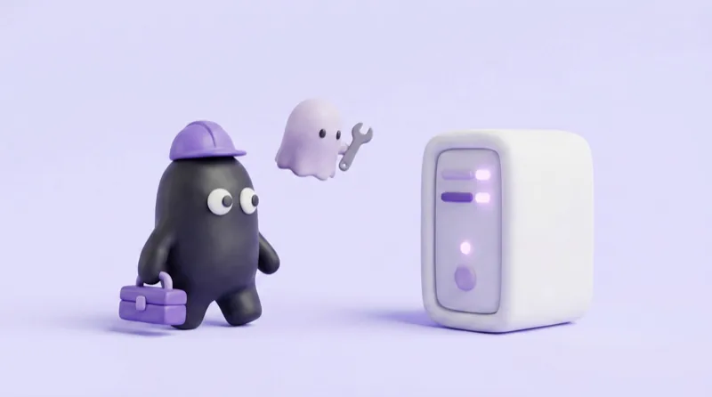 La mascotte Velo, casque de chantier sur la tête, marche vers un serveur avec une boîte à outils