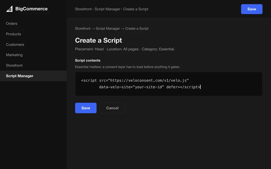 L'administration BigCommerce avec l'extrait de code Velo collé dans le head du site