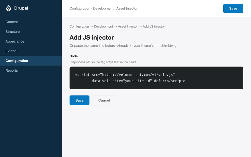 El admin de Drupal con el fragmento de Velo pegado en el head del sitio