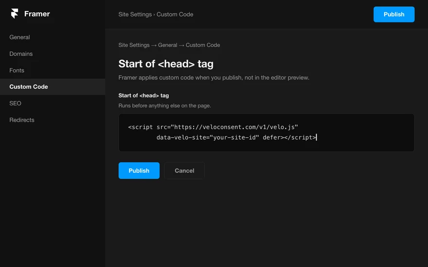 El panel de administración de Framer con el fragmento de Velo pegado en el head del sitio