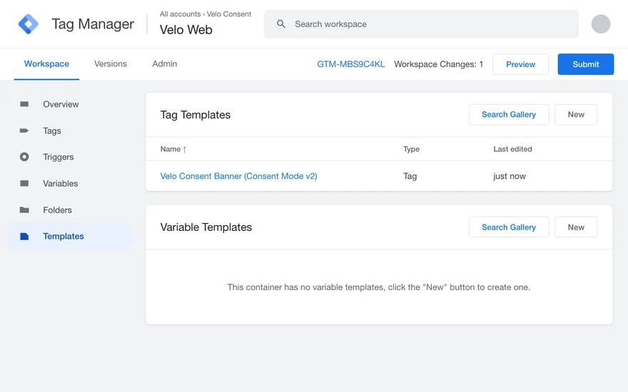 La lista Tag Templates de Google Tag Manager con la plantilla Velo CMP importada