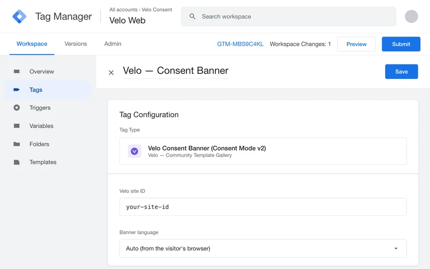 Una etiqueta nueva en Google Tag Manager con la plantilla Velo Consent Banner y el ID del sitio rellenado