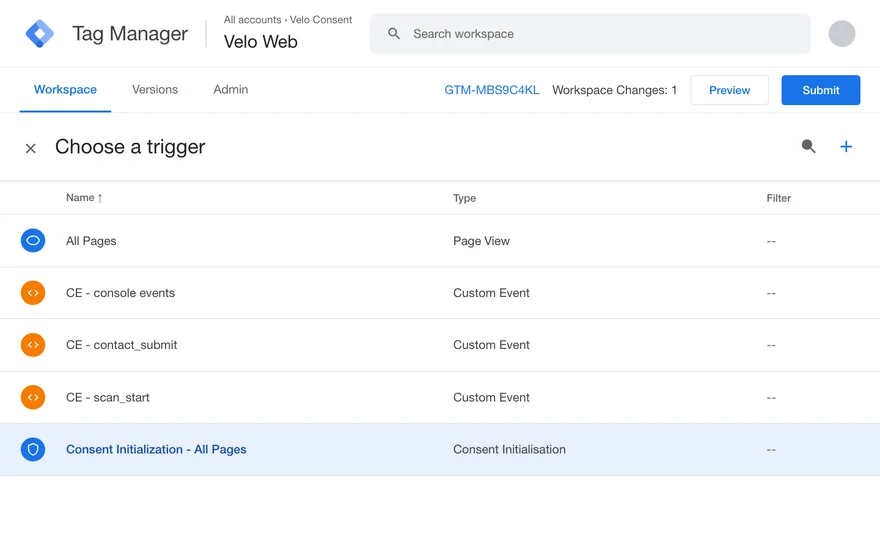 La lista Choose a trigger con Consent Initialization – All Pages seleccionado