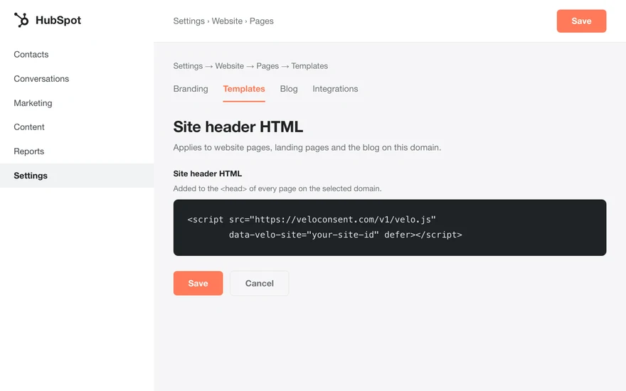 El panel de administración de HubSpot con el fragmento de Velo pegado en el head del sitio