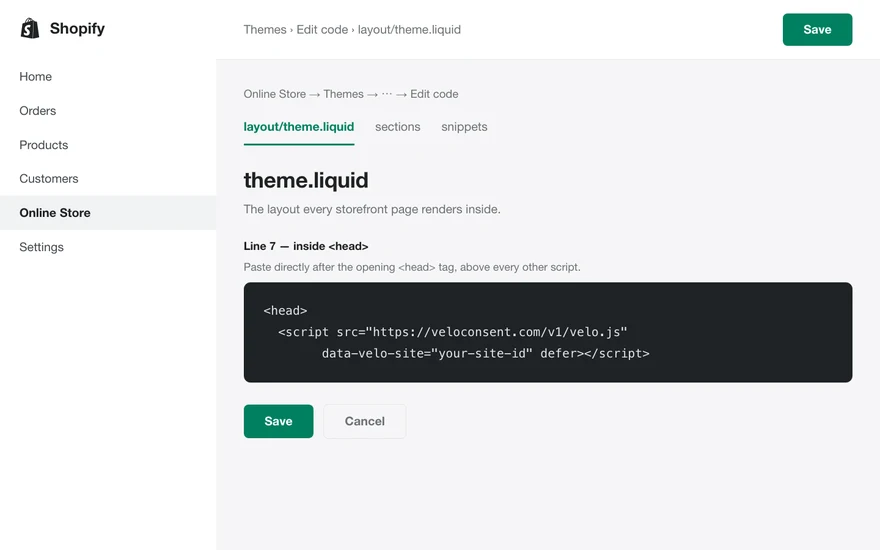 El admin de Shopify con el fragmento de Velo pegado en el head del sitio