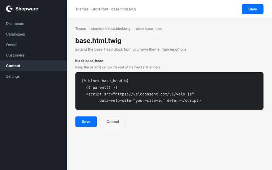 L'administration Shopware avec l'extrait Velo collé dans le head du site