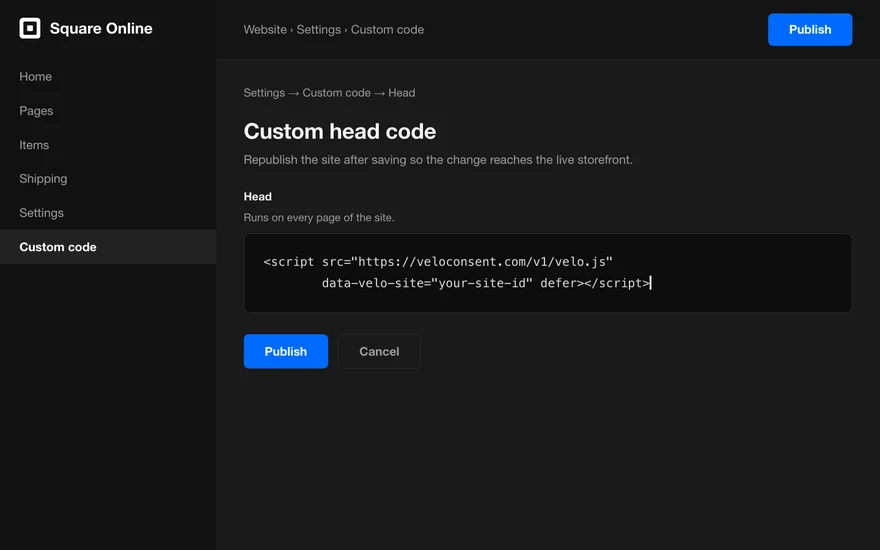 L'admin Square Online avec l'extrait de code Velo collé dans le head du site