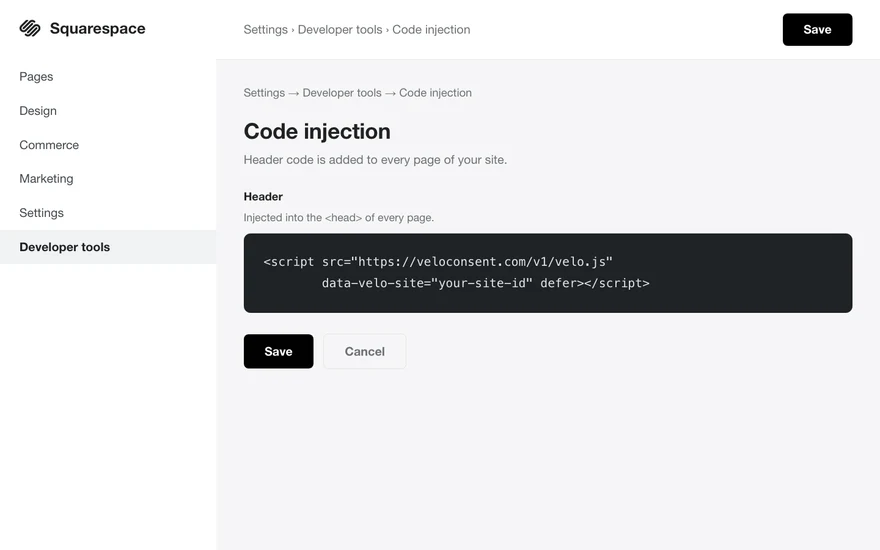 L'admin Squarespace avec l'extrait de code Velo collé dans le head du site