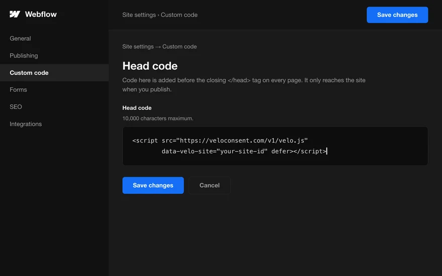 El admin de Webflow con el fragmento de Velo pegado en el head del sitio