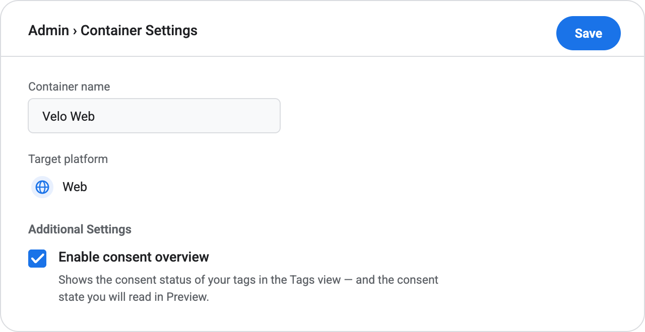 Google Tag Manager Admin Container Settings with the Enable consent overview checkbox ticked under Additional Settings