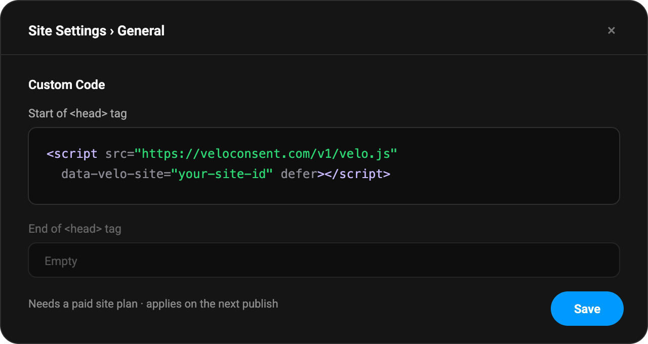 Framer Site Settings on the General tab: the Velo script tag pasted into the Start of head tag field under Custom Code