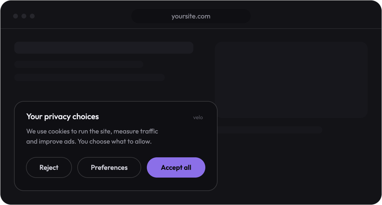 A website with the Velo cookie consent banner open in the corner, showing Reject, Preferences and Accept all buttons