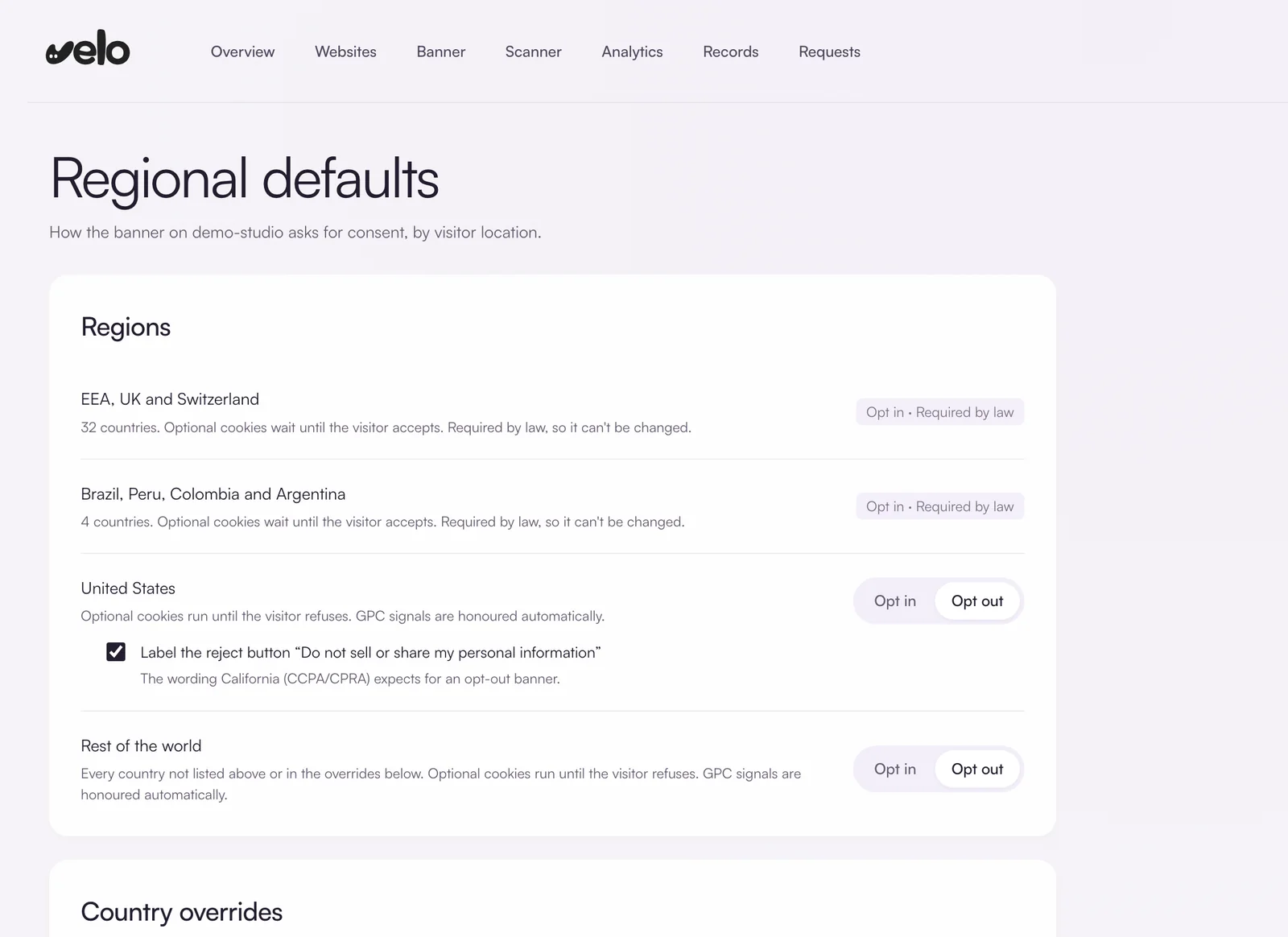 The Velo regional defaults screen: opt in required by law for the EEA, UK and Switzerland and for Brazil, Peru, Colombia and Argentina, and opt in or opt out choices for the United States and the rest of the world.
