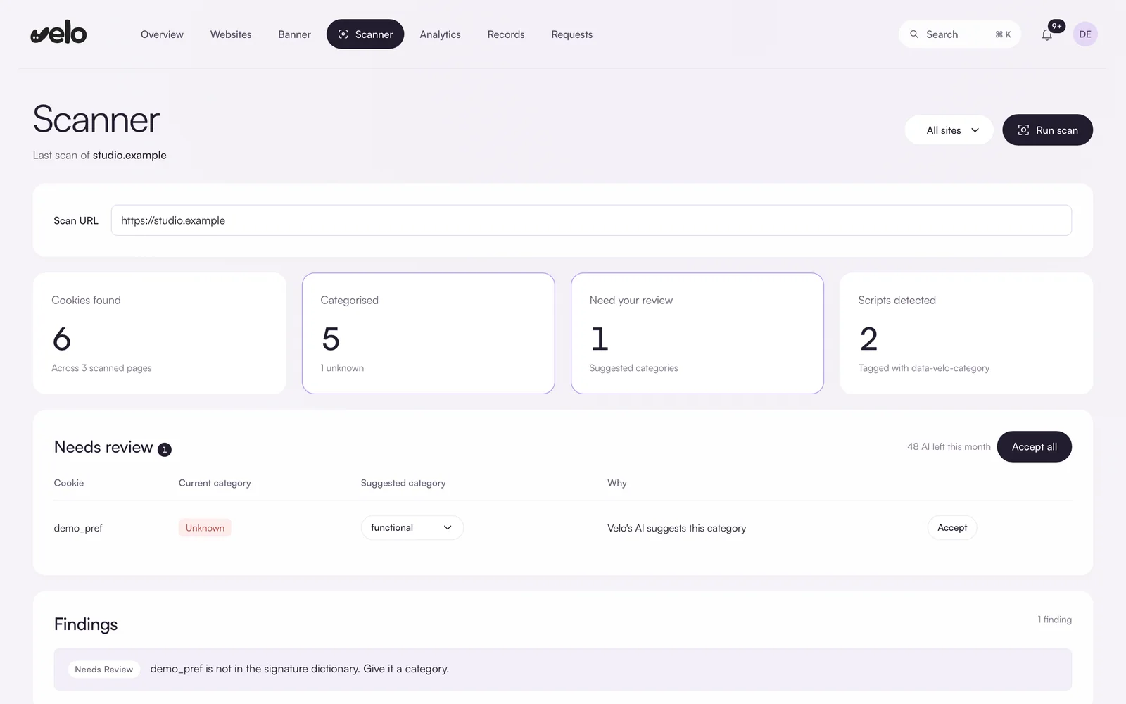 The Velo scanner: counts of cookies found, categorised, needing review and scripts detected, a review table with a suggested category, and findings.