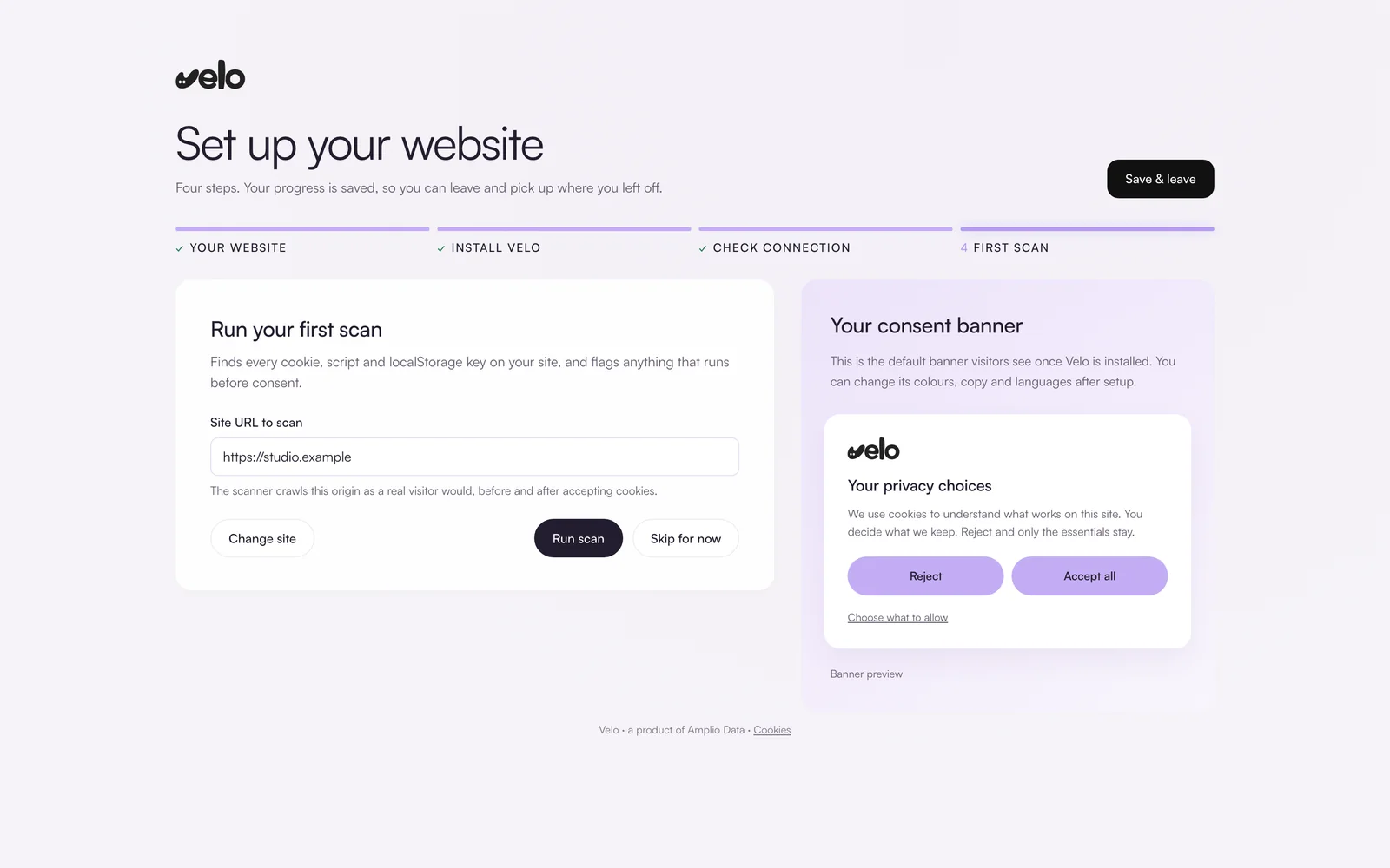 The Velo set up screen: four steps (your website, install Velo, check connection, first scan), the first scan form and a preview of the default consent banner.