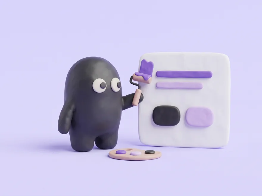 The Velo mascot painting a clay cookie banner whose two buttons are the same size, on a lavender studio backdrop.
