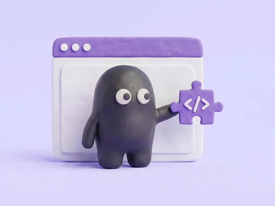 The Velo mascot fitting a purple puzzle piece with a code symbol into a clay browser window, on a lavender studio backdrop.