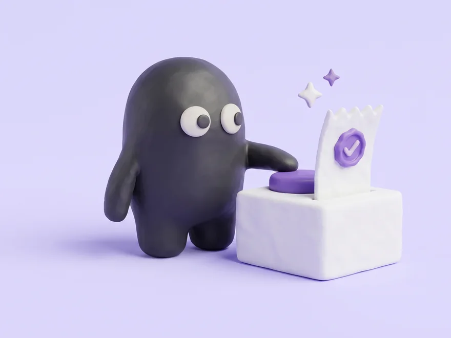 The Velo mascot pressing a button on a clay box that prints a receipt with a check seal, on a lavender studio backdrop.