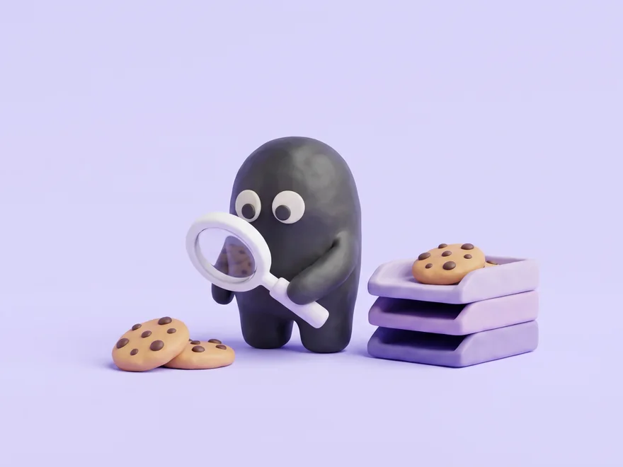 The Velo mascot inspecting clay cookies with a magnifying glass beside a stack of sorting trays, on a lavender studio backdrop.