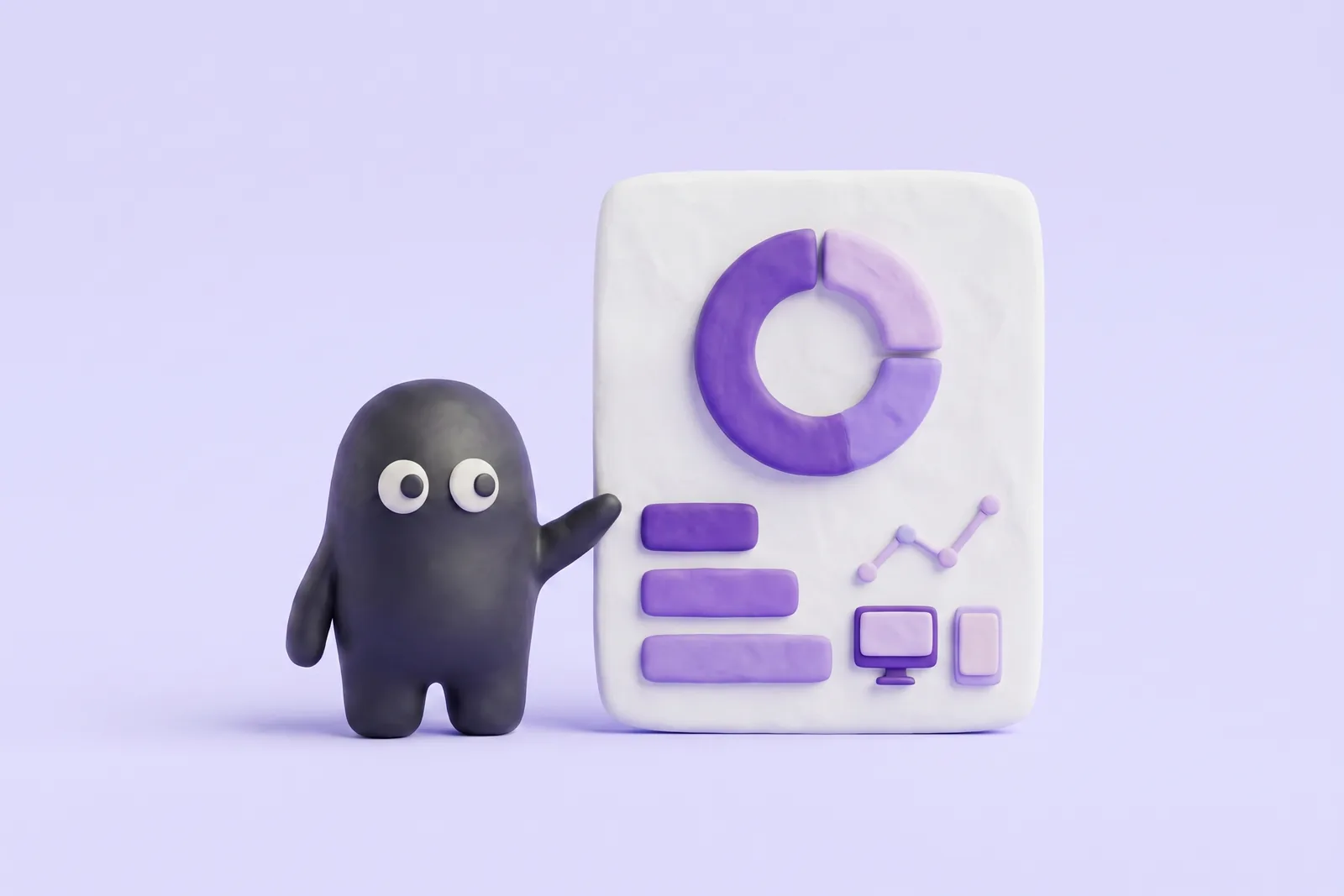 The Velo mascot pointing at a clay consent dashboard with a donut chart and bars, on a lavender studio backdrop.