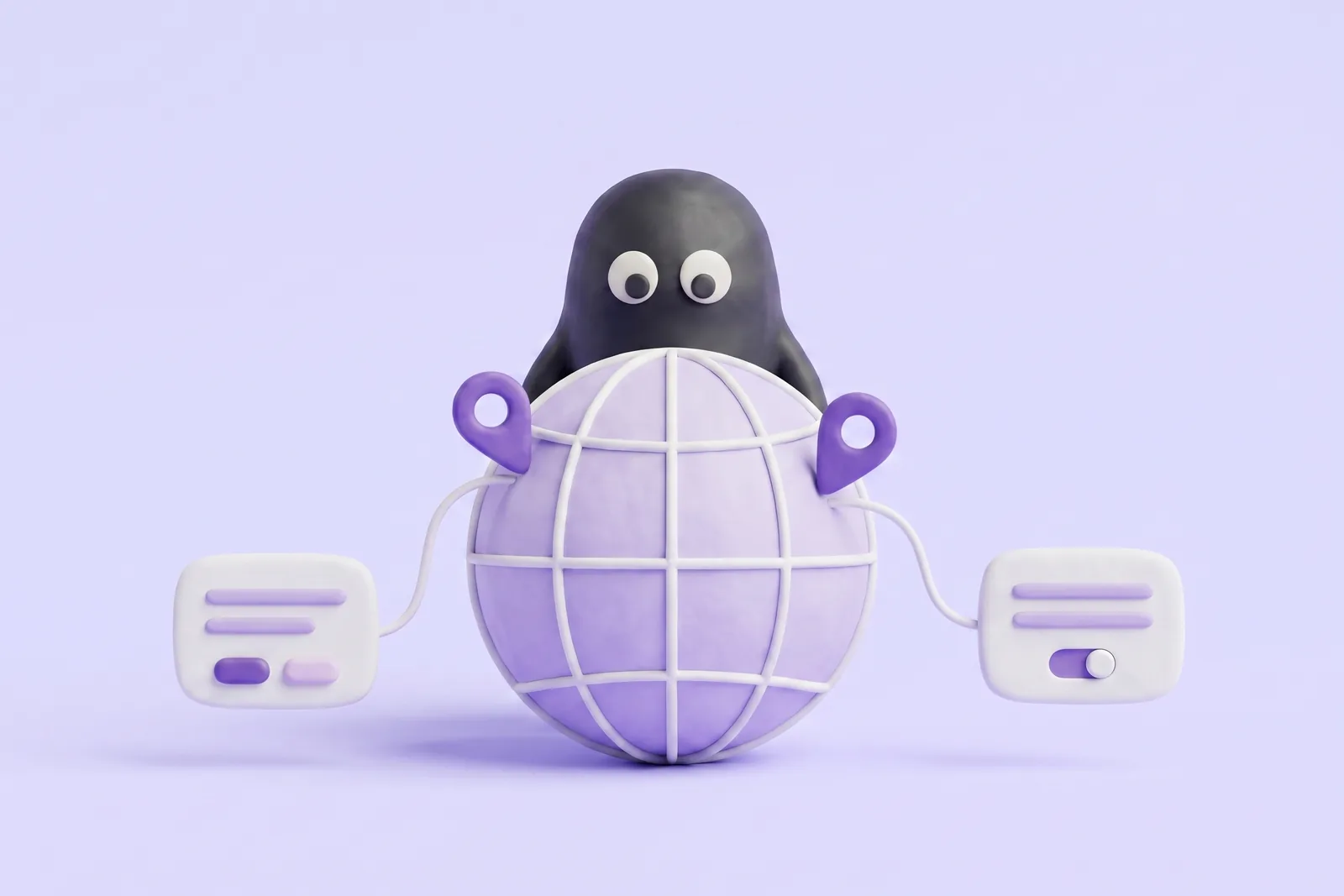 The Velo mascot behind a clay globe with two location pins, each linked to its own small consent banner, on a lavender studio backdrop.