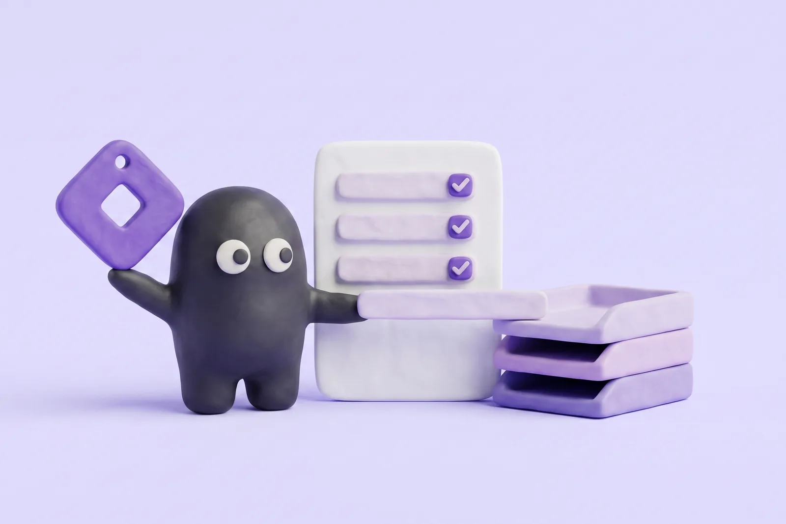 The Velo mascot sliding a script row from a checked list into a stack of category trays, on a lavender studio backdrop.
