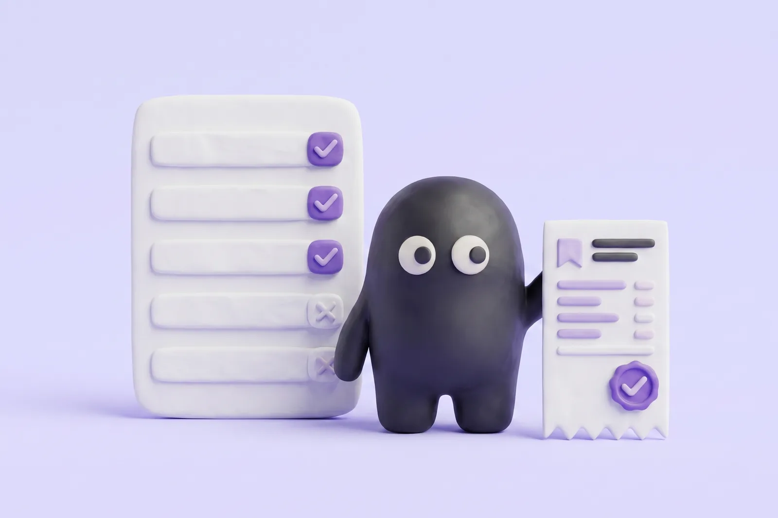The Velo mascot between a clay checklist and a receipt with a verified seal, on a lavender studio backdrop.