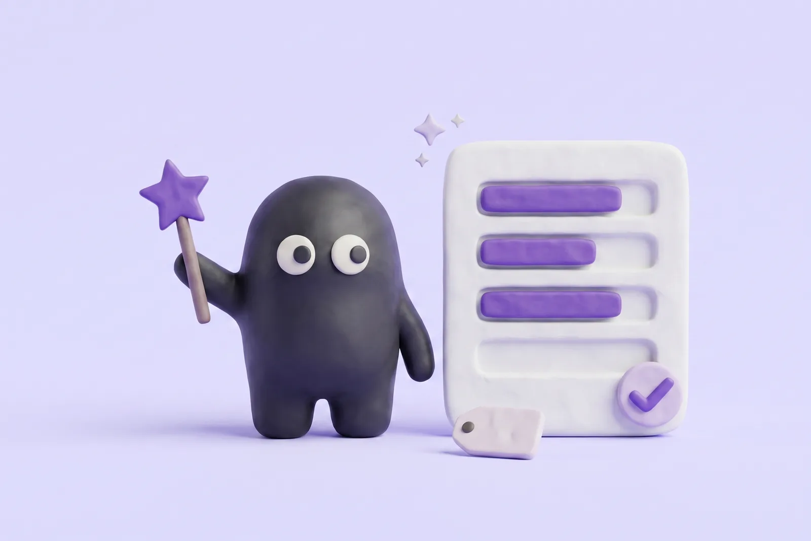 La mascota de Velo agitando una varita con estrella ante un formulario de rastreador de plastilina cuyos campos se rellenan solos, con una insignia de verificación y una etiqueta, sobre un fondo de estudio lavanda.